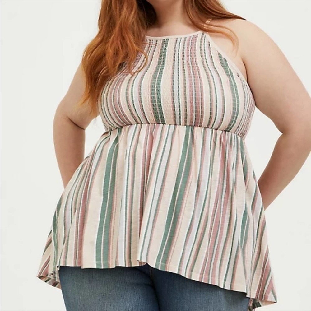 Torrid 1X Fun Stripe Halter Smocked Babydoll Top